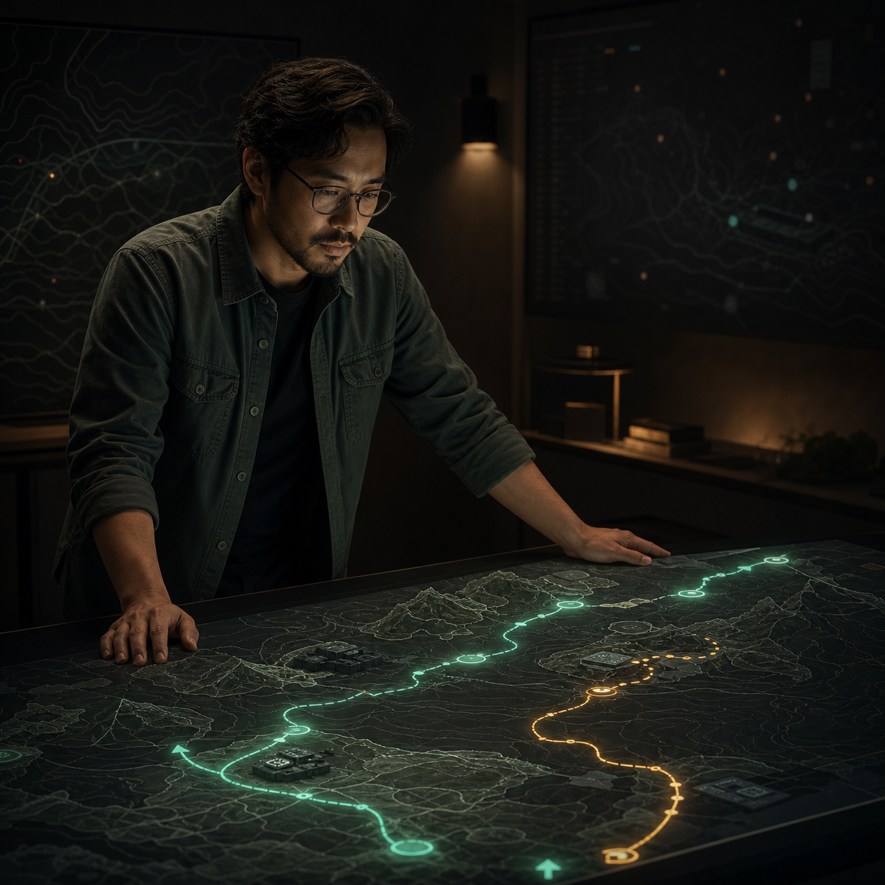 Kai studying a topographic deployment map with forward and rollback paths
