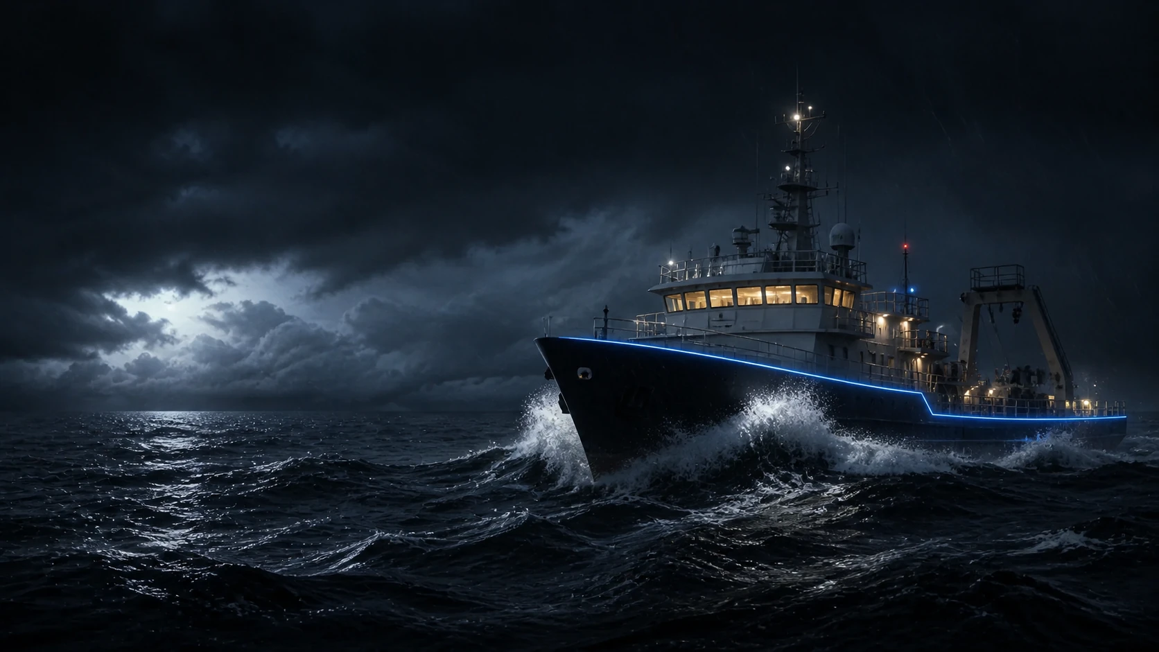A civilian work ship holding course through heavy seas beneath a dark storm front